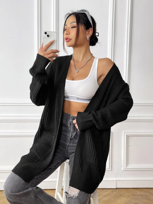 New Double Pocket Simple Casual Sweater Cardigan Black - Shop at LoveMi