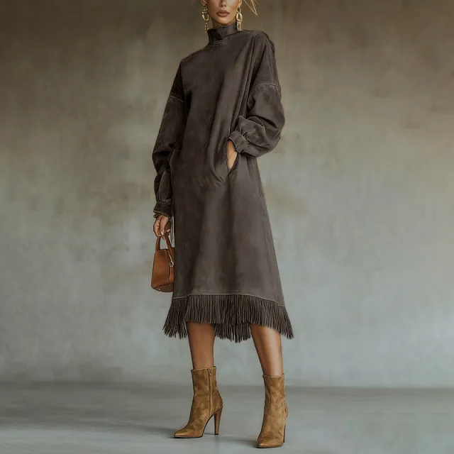 High neck Suede velvet Retro Loose fit Long Dress With Pockets And Fringed Long Sleeves Coffee - Shop at LoveMi