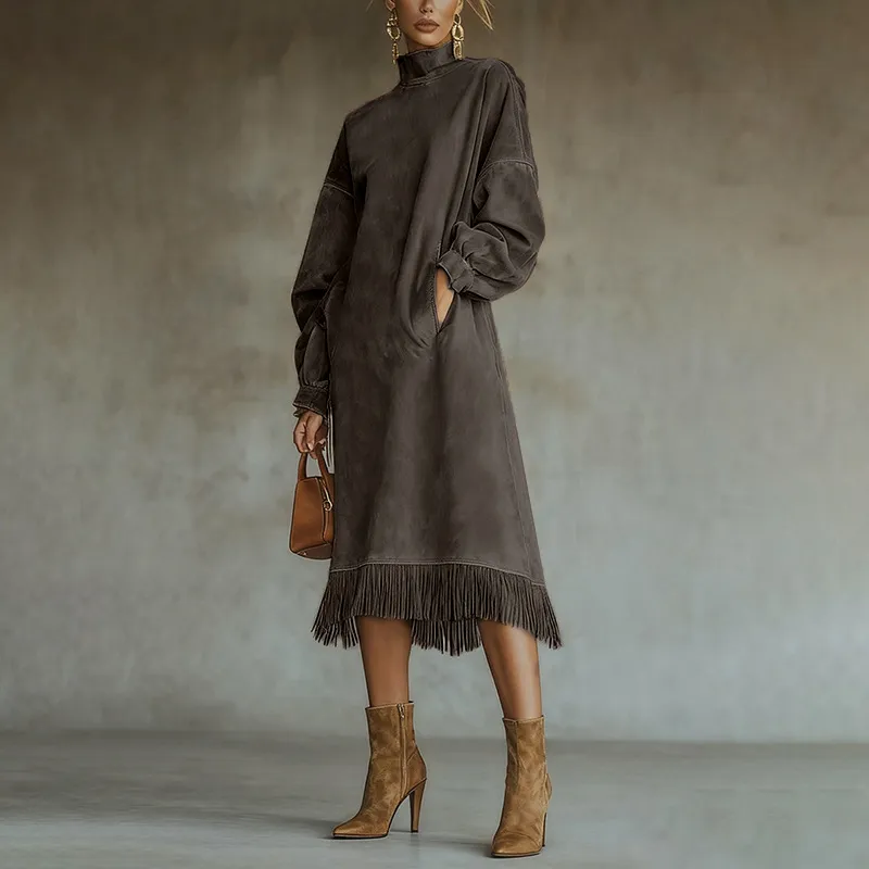 High-neck Suede-velvet Retro Loose-fit Long Dress With Pockets And Fringed Long Sleeves - Coffee