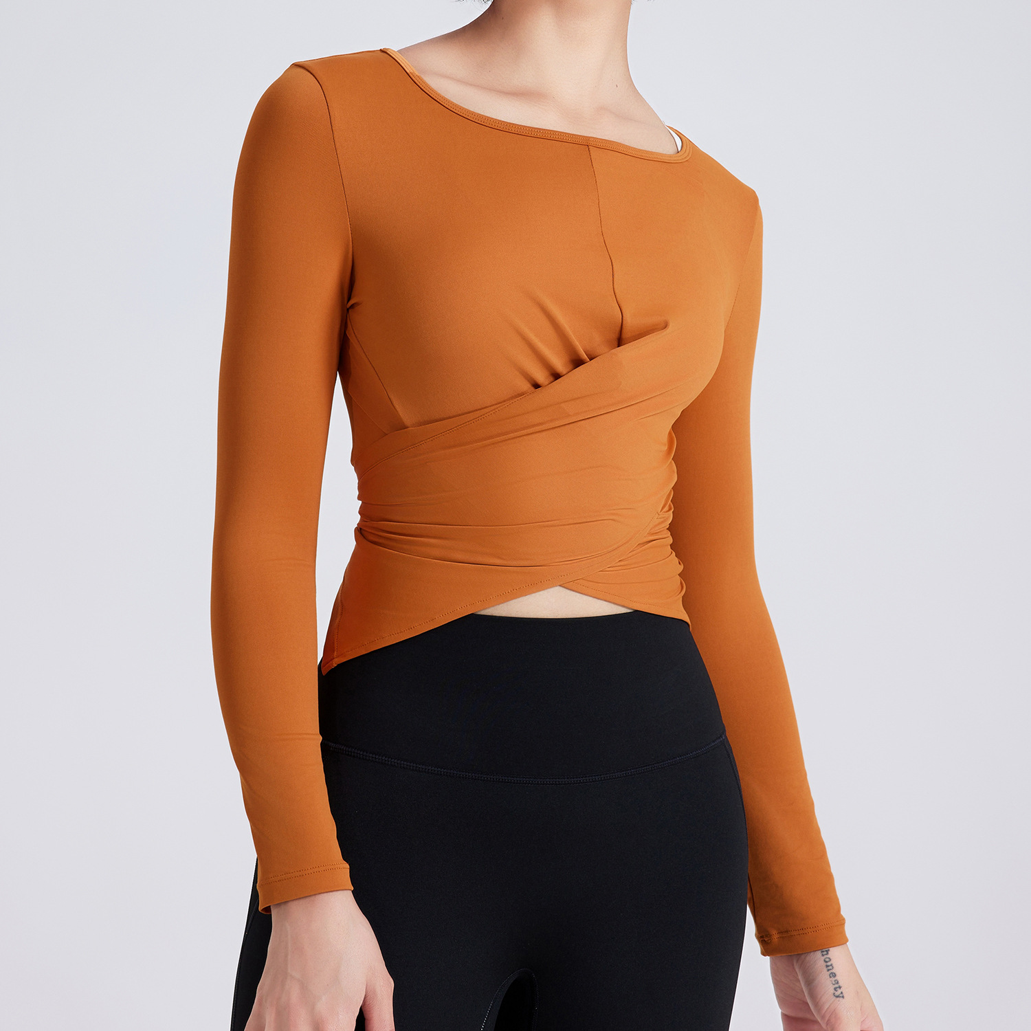 Cross Button Slim Fit Thin Yoga Wear Long Sleeve Pumpkin Xl - Shop at LoveMi