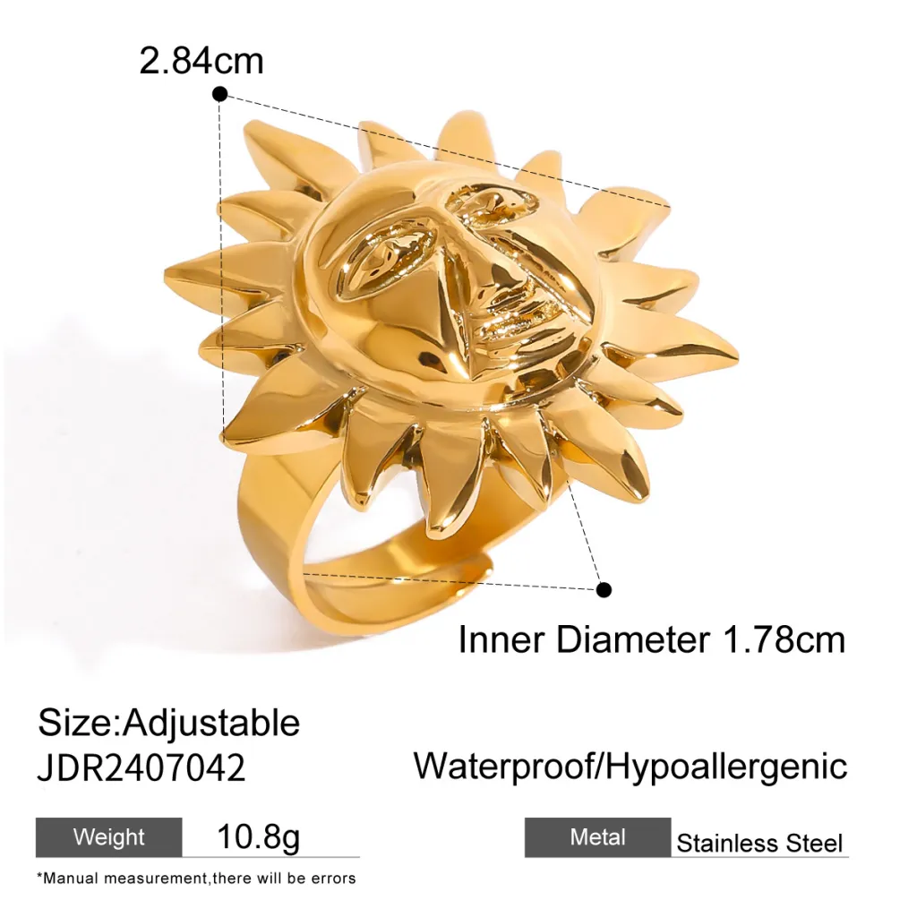 Stainless Steel Exaggerated Sunflower Open Ring - Gold