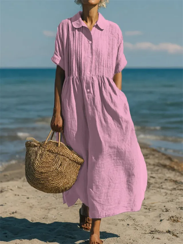 Notch collar Button front Pleated Short sleeve Cotton linen Dress Pink - Shop at LoveMi