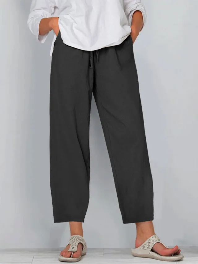 Elastic Waist Solid Color Cotton And Linen Wide Leg Casual Trousers Black - Shop at LoveMi