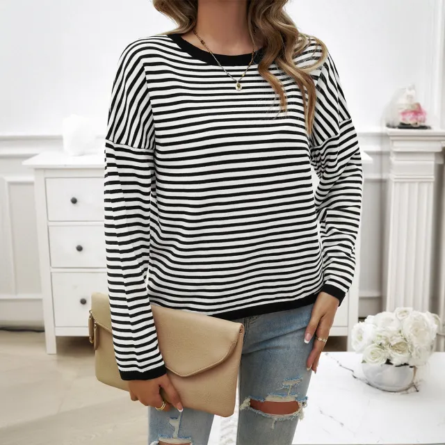 Fashion Women's Wear Round Neck Striped Sweater Black - Shop at LoveMi