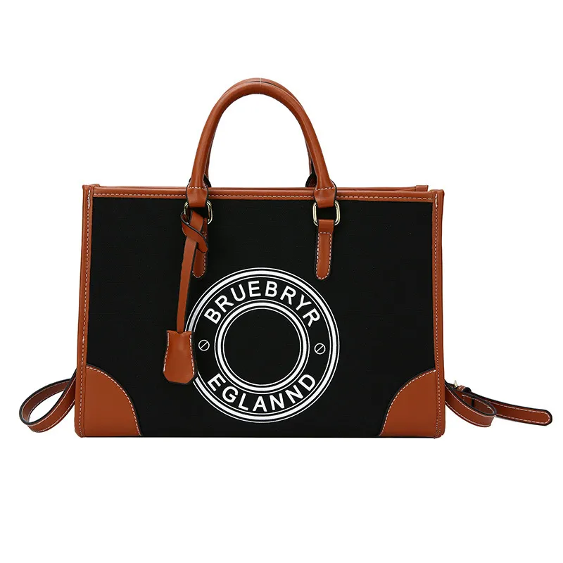 Women's Large-capacity Canvas Printed Letter Crossbody Shoulder Tote Bag - Black