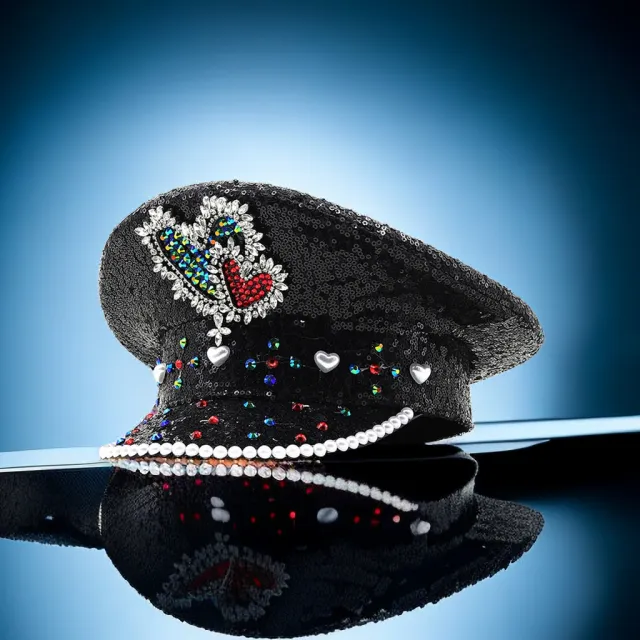 Sequin Love Gift Wide Brim Hat Performance And Show Stage Diamond Visor Cap Full Diamond Black Hat - Shop at LoveMi
