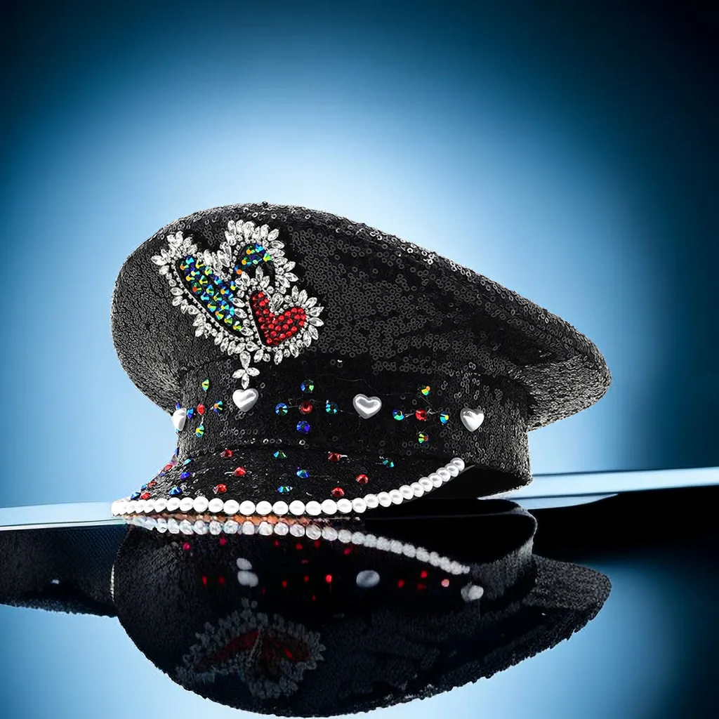 Sequin Love Gift Wide Brim Hat Performance And Show Stage Diamond Visor Cap - Full Diamond Black Hat