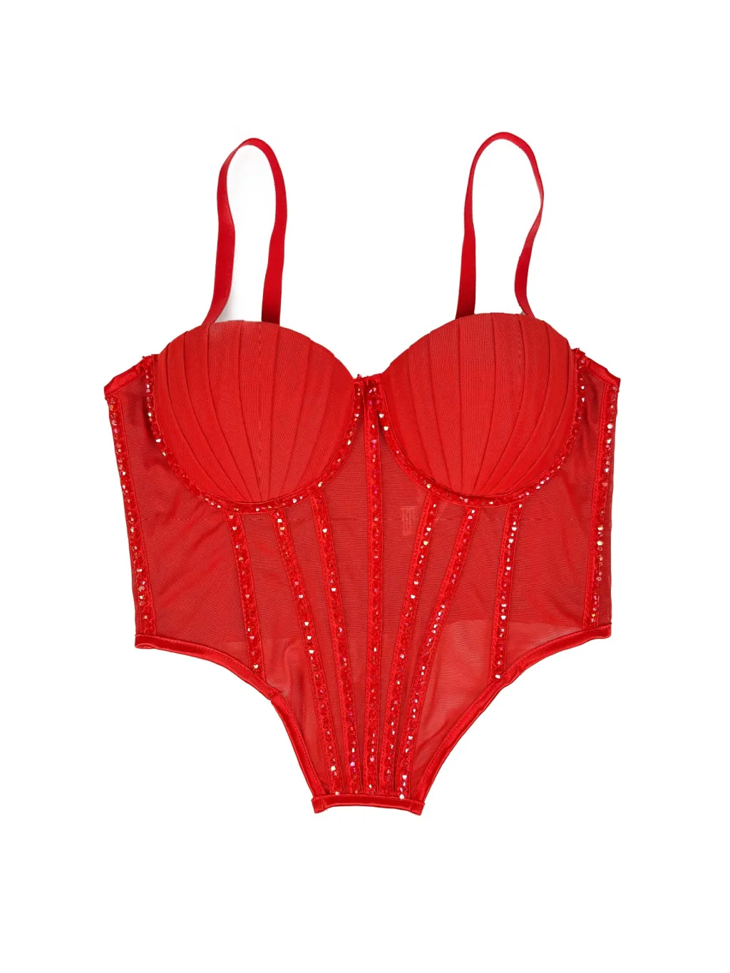 Sexy Mesh With Braces And Breast Pad Can Be Worn Outside Rhinestone Fishbone Plastic Bra - Red