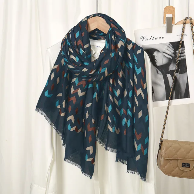 Diamond Patterns Printed Cotton And Linen Scarf Color Matching Scarf Navy - Shop at LoveMi