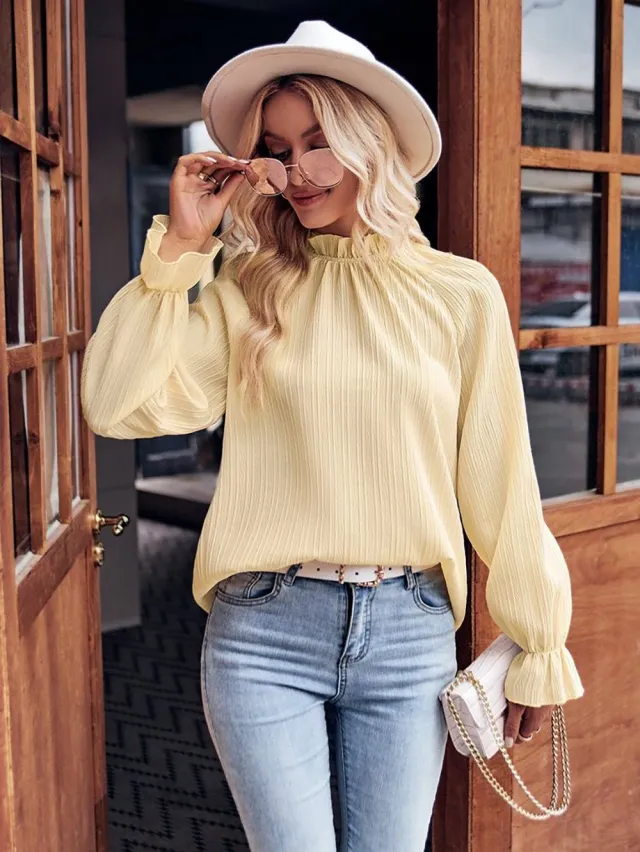 Autumn Women's Ruffled Collar Long Sleeve Jacquard Loose fitting Top Light Yellow - Shop at LoveMi