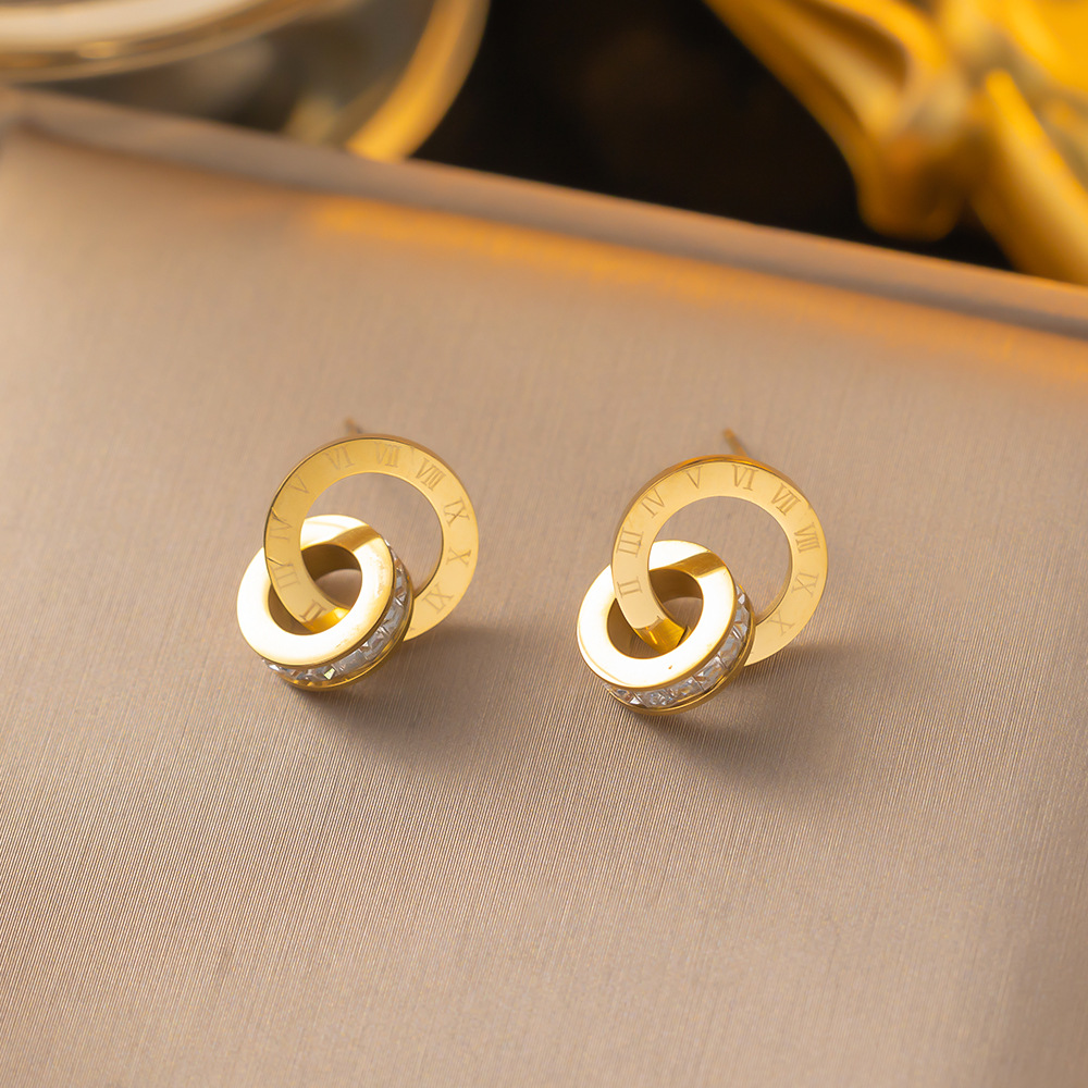 Roman Numeral Double-ring Full-diamond Titanium Steel Necklace