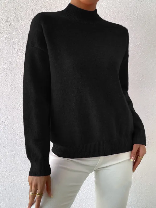 Autumn And Winter Half high Collar Pullover Women's Fashion Solid Color Loose Knitted Top Black - Shop at LoveMi