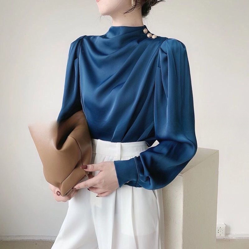 Retro Hong Kong-Style Shirt With A Designer Touch Satin Acetate Professional Top For Autumn