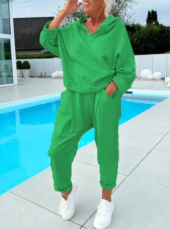 Women's Solid Color Hooded Sweatshirt Two piece Set Green - Shop at LoveMi