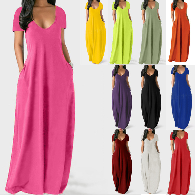 Solid-color Dress Summer Casual Sexy Deep V-neck