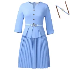 Fashionable Elegant Pleated Dress For Women - Sky Blue Belt - View 1