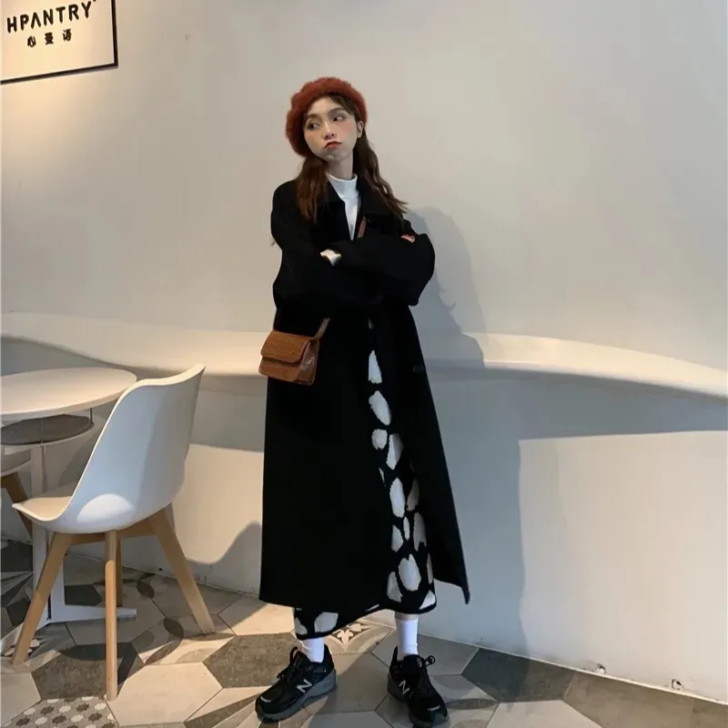 Popular Mid-length Loose All-match Small Woolen Coat - Black