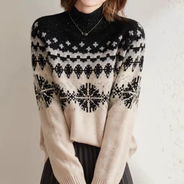 Autumn And Winter Spring New Half Turtleneck Knitted Snowflake Retro Loose Sweater Black - Shop at LoveMi