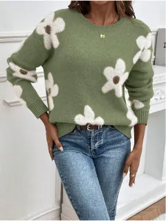 Fashion Pullover Round Neck Long Sleeves Sweater Jacquard Solid Color Knitted Top For Women - Green - View 1