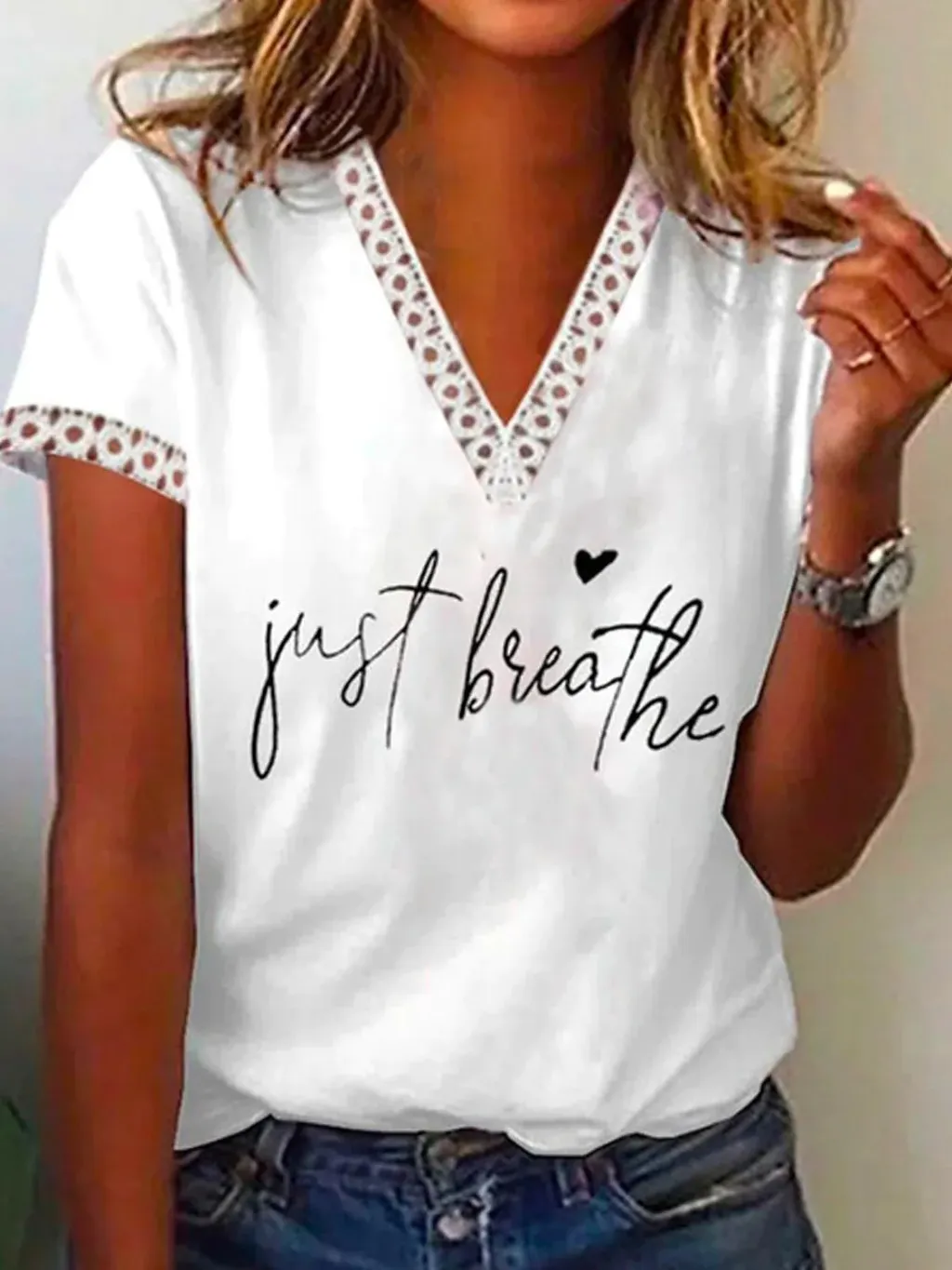 Women's V-neck Lace Casual Top Short Sleeve Printed Stitching T-shirt - 13 Style-L