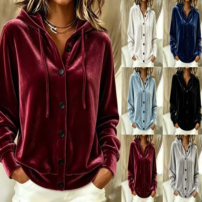Solid-color Casual Chic Button-front Hooded Velvet Long-sleeve