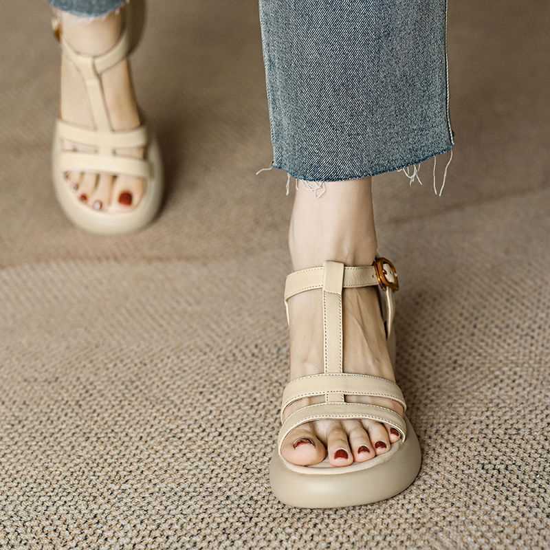 Sandales à talons épais et à semelles épaisses pour femmes en cuir véritable – Image 7