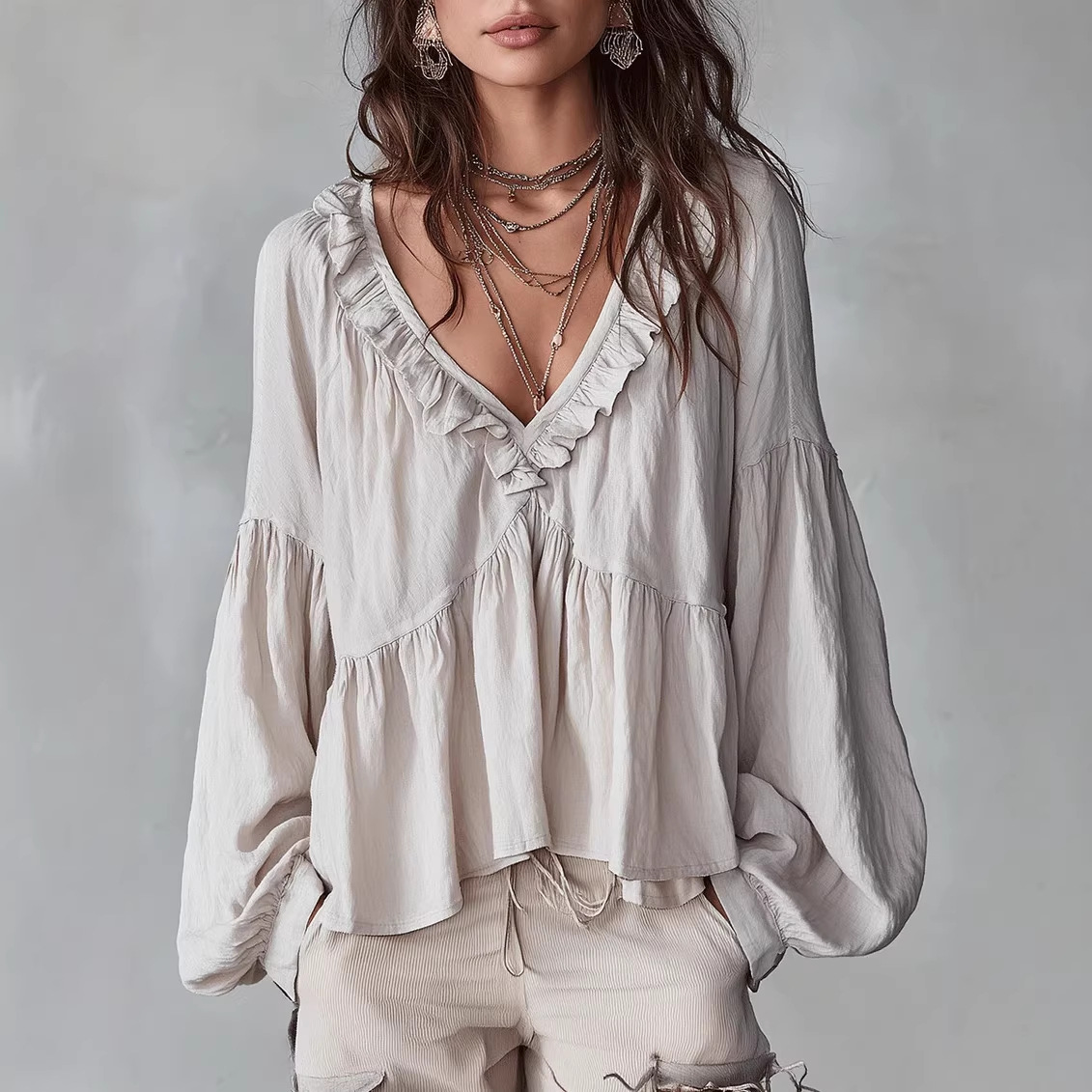 Ruffle-trimmed Puff-sleeve Pleated Blouse