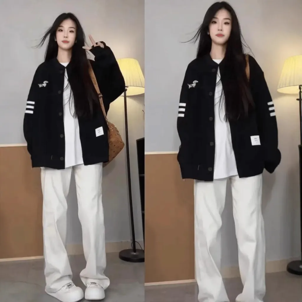 Preppy Style Three-stripe Casual Loose Cardigan For Women In Spring And Autumn - Black