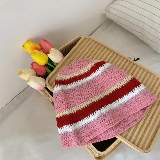 Japanese style Retro Hollow Flower Handmade Knitted Bucket Hat Women Color Matching Pink Red - Shop at LoveMi