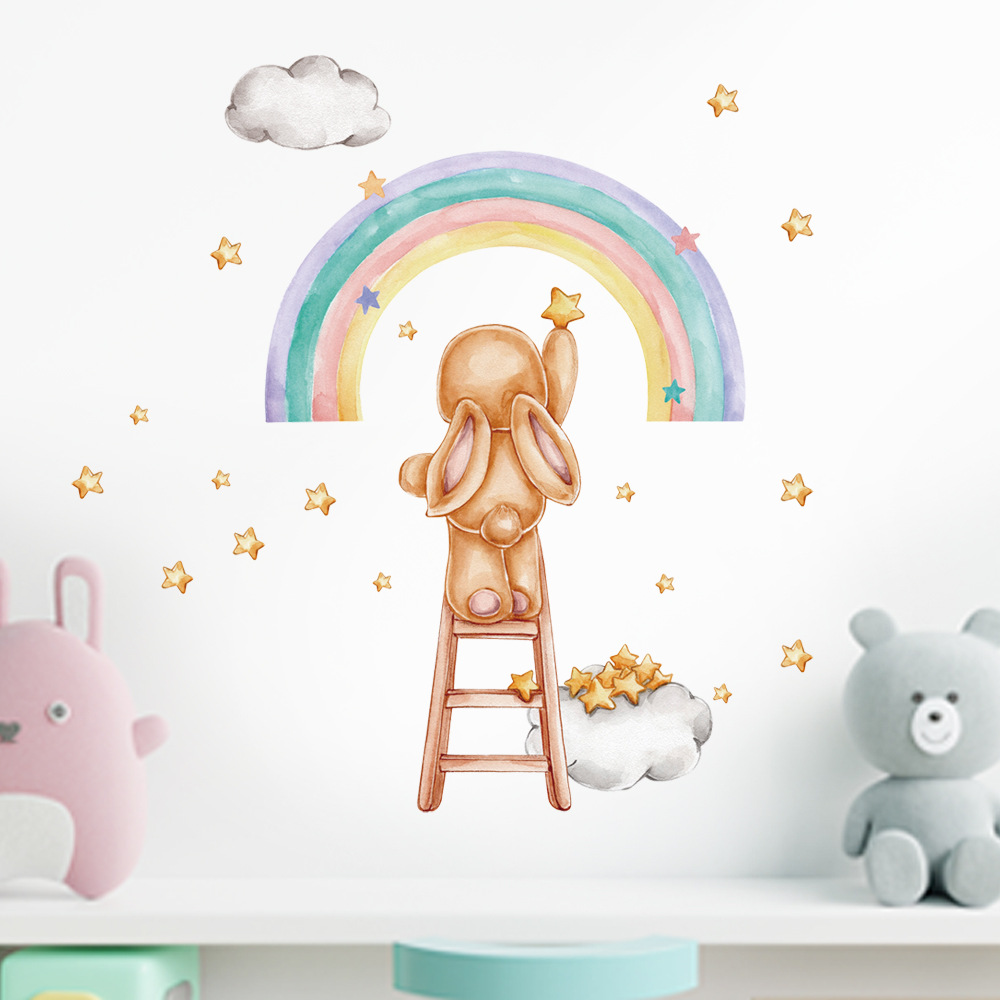 Title 8, Watercolor Rainbow Rabbit Wall Sticker Girl Roo...