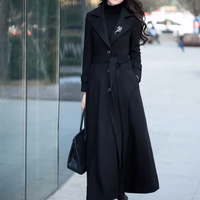 Thick Wool Slim fit Hepburn Style Ultralong Overknee Overcoat For Women 8129 Black - Shop at LoveMi
