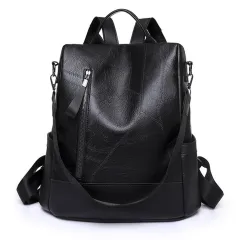 Soft Leather Large Capacity Backpack - Black - View 1