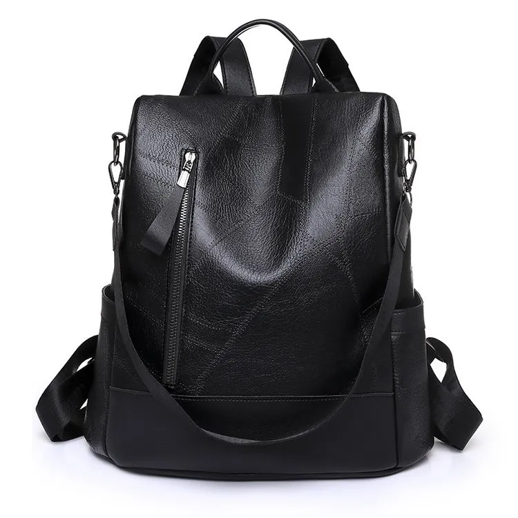 Soft Leather Large Capacity Backpack - Black