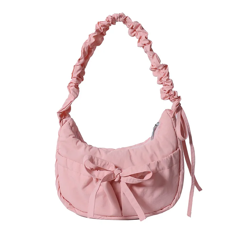 Temperament Wild Nylon Pleated Bow Girls' One-shoulder Bag - Pink