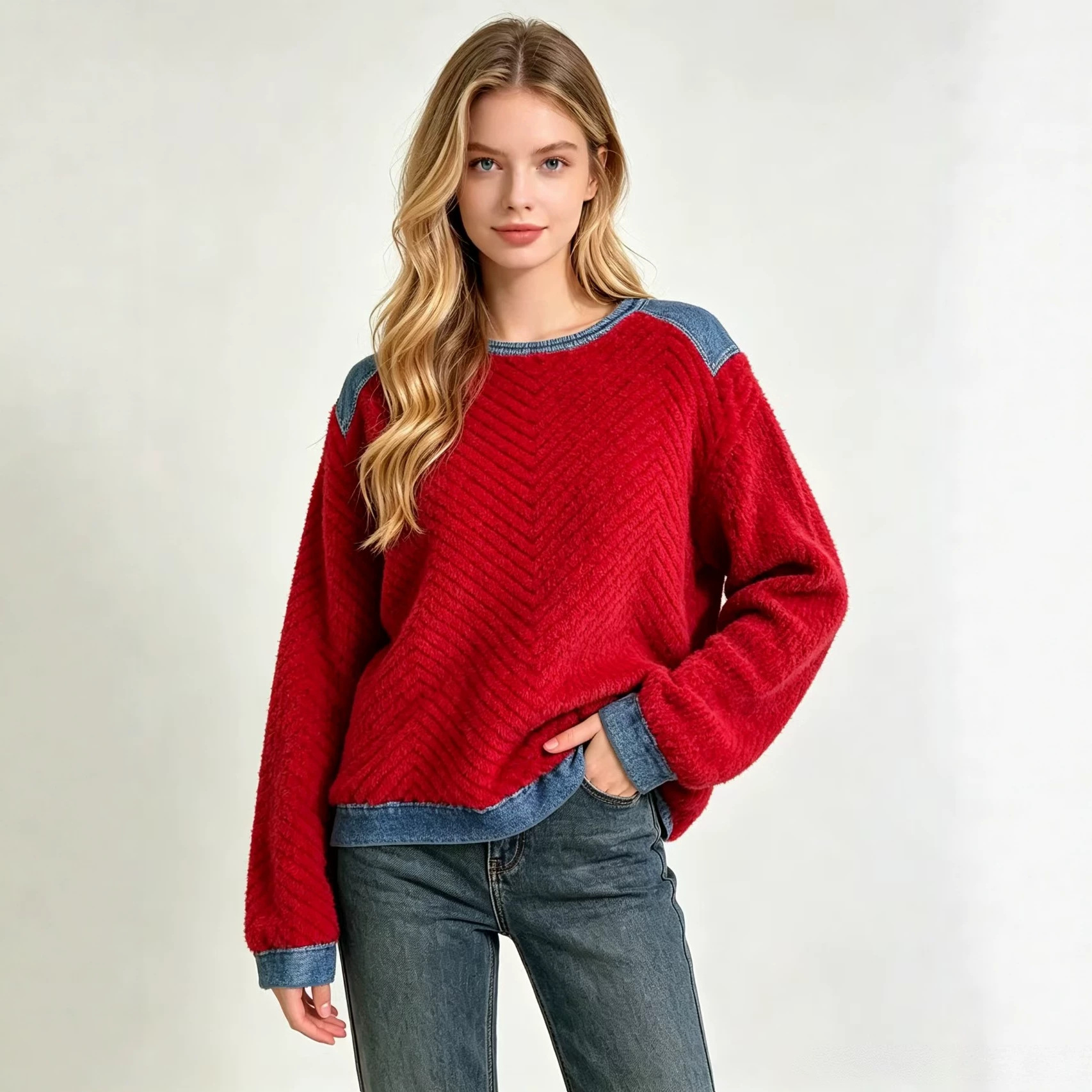 Printed Color-block Crew-neck Loose-fit Long-sleeve Pullover