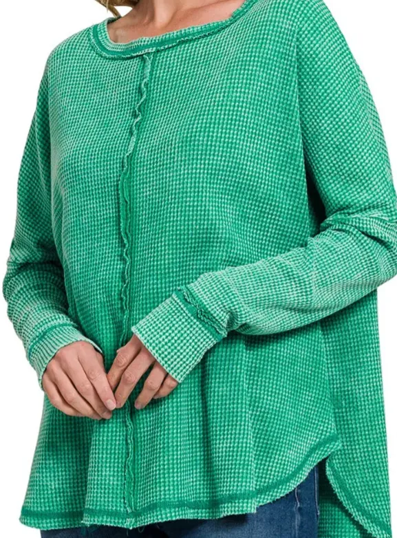 Women's Washed Waffle Back stitched Long sleeved Top Green - Shop at LoveMi