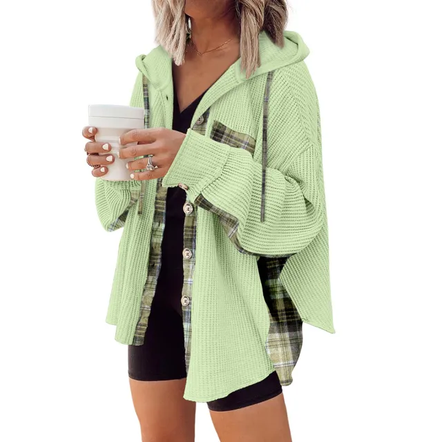 Plaid Casual Hooded Drawstring Coat Light Green - Shop at LoveMi