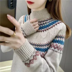 Autumn And Winter Blue Pullover Mock Neck Sweater Women's New Loose - Apricot - View 1