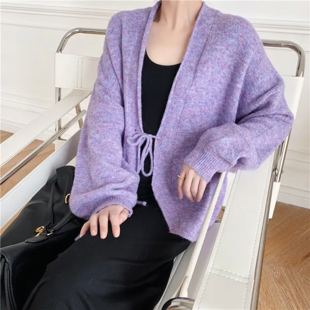 Lace up Top Loose Short Knitted Sweater Violet - Shop at LoveMi