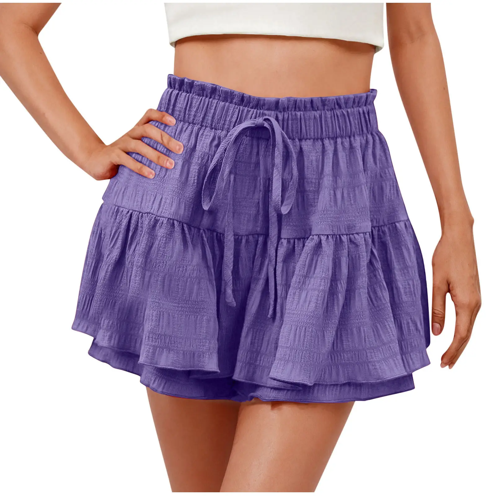 Women's Fashion Solid-Color Drawstring Shorts With Ruffled Hem