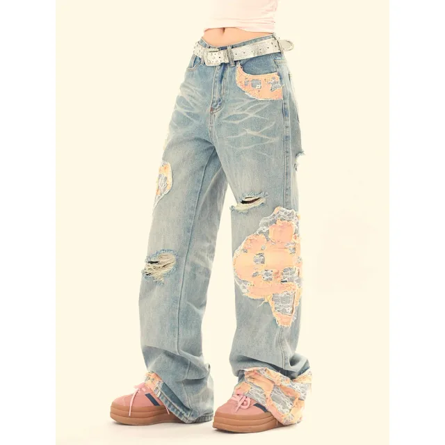 Women's Vintage Lace Stitching Ripped Jeans Blue - Shop at LoveMi