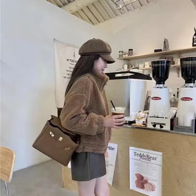 Top Long Sleeve Faux Cashmere Stand Collar Small Coat Brown - Shop at LoveMi