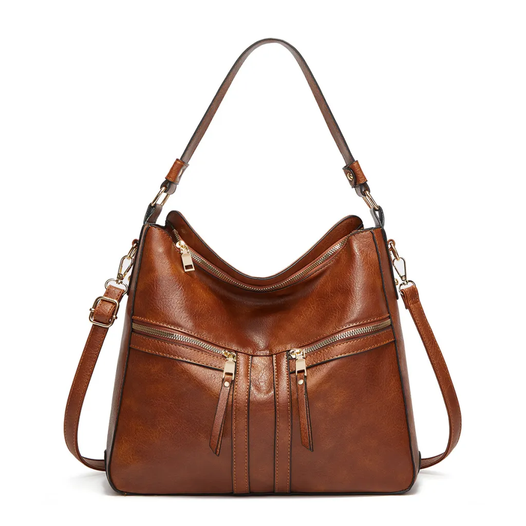 Trendy Double Zipper Soft Leather Large Capacity Totes - Brown
