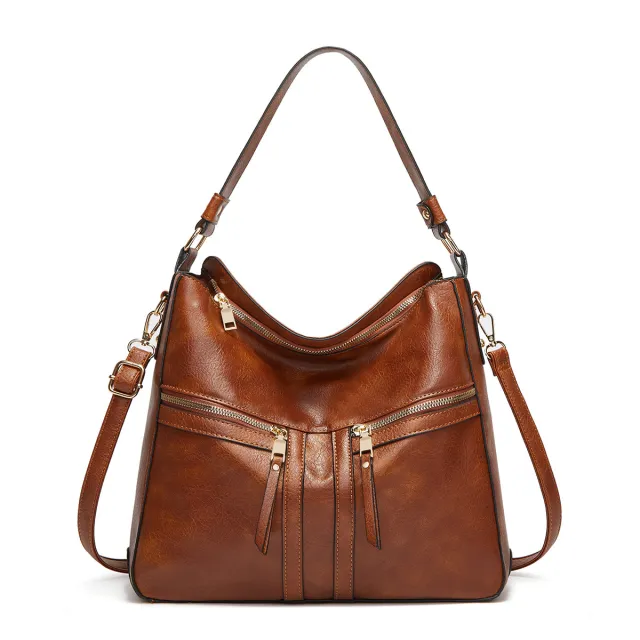 Trendy Double Zipper Soft Leather Large Capacity Totes Brown - Shop at LoveMi