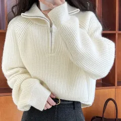 Fashion Zipper And Lapel Sweater For Women - Beige - View 1