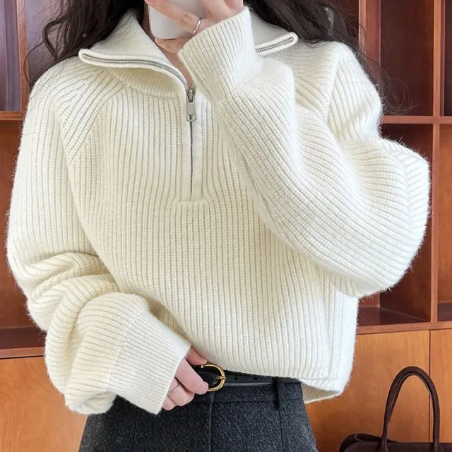 Fashion Zipper And Lapel Sweater For Women Beige - Shop at LoveMi