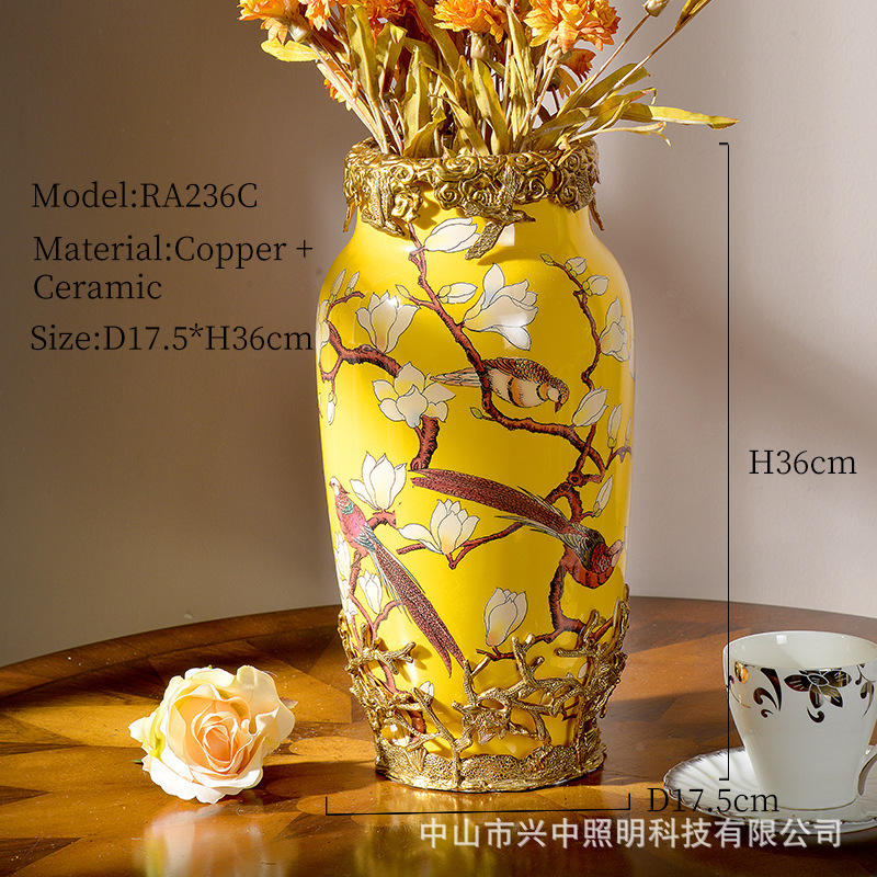 Luxury Yellow Ceramic Flower Vase With Copper Accents For Villa Clubs