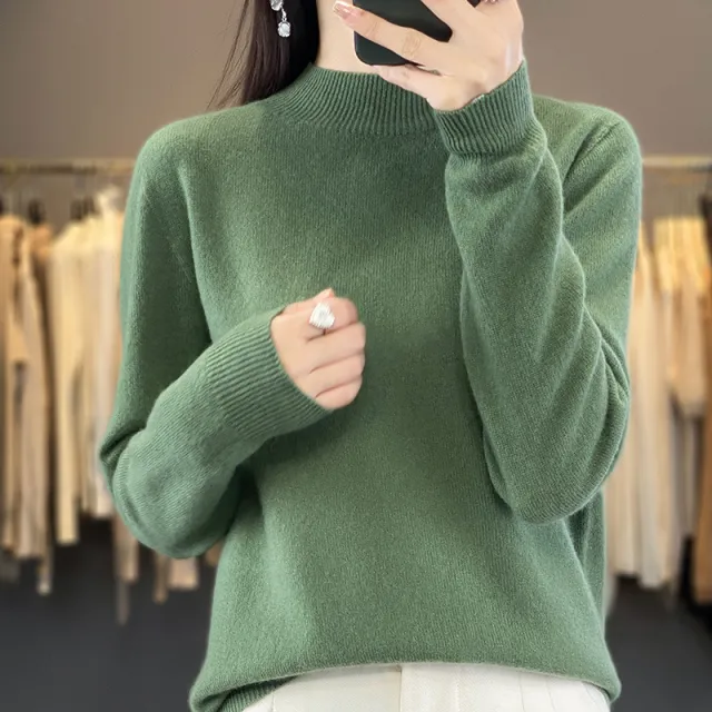 Turtleneck Pullover Women's Solid Color Loose Bottoming Sweater Green - Shop at LoveMi
