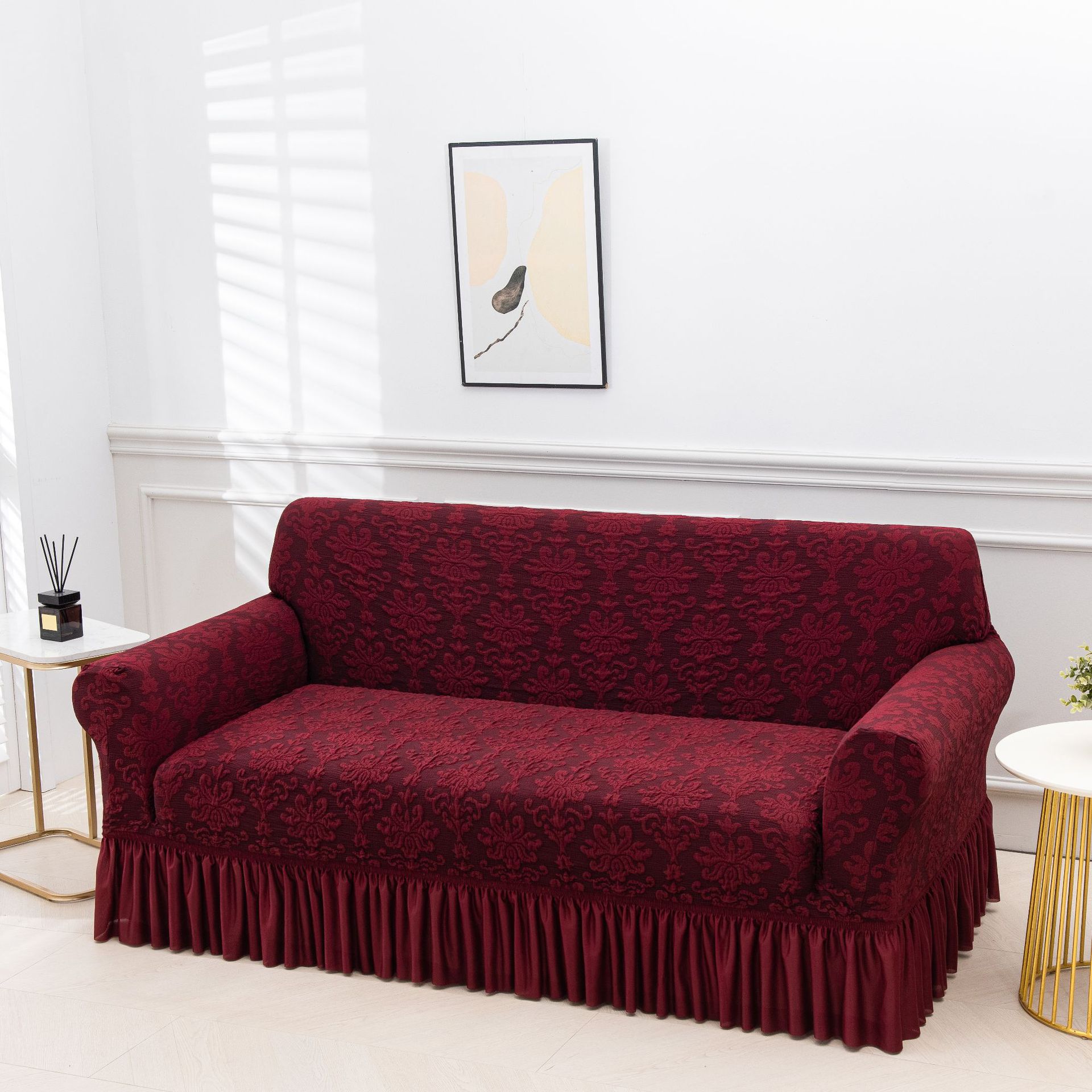 Black Silk Embossed Jacquard Skirt-style Stretch Living Room Sofa Cover