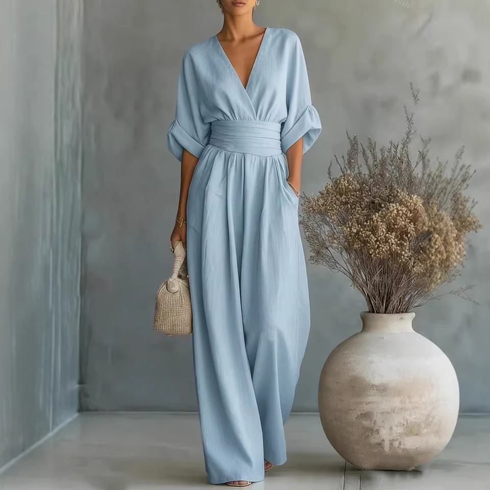 Waist-cinching V-neck Elegant Womens Jumpsuit